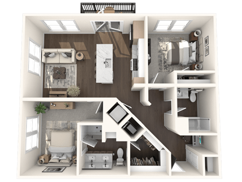 A 3D rendered image of a modern apartment layout.
